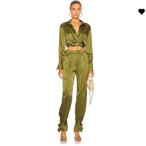 NICHOLAS Silk Set Elea Crop Wrap Shirt and‎ Erato Pants in Olive Size 2